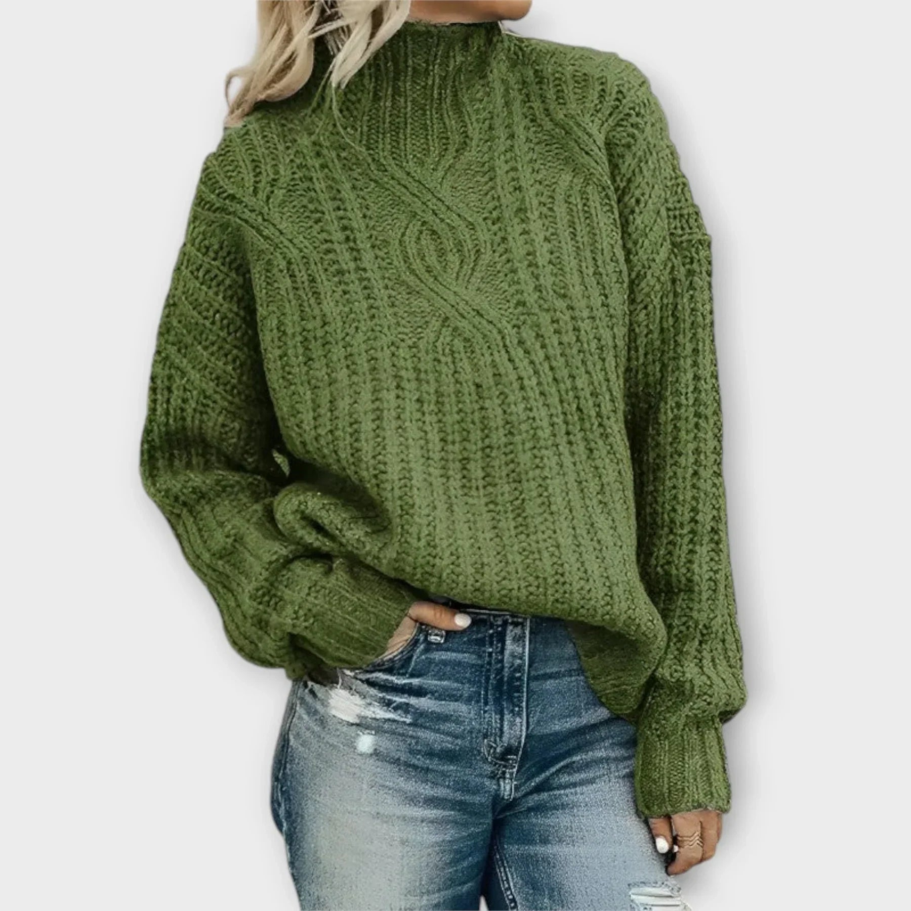 Beige cable-knit high-neck sweater with relaxed fit and sleek silhouette for women