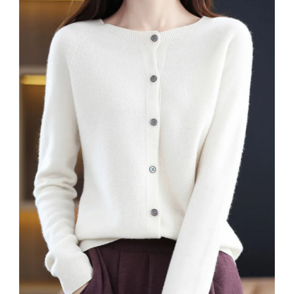 Women's ivory merino wool button-front sweater, lightweight long-sleeve knit with polished silhouette
