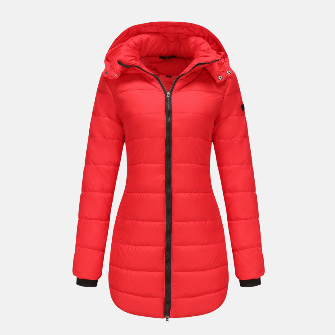 Women's mid-length quilted puffer jacket with detachable hood and ribbed cuffs for cozy warmth