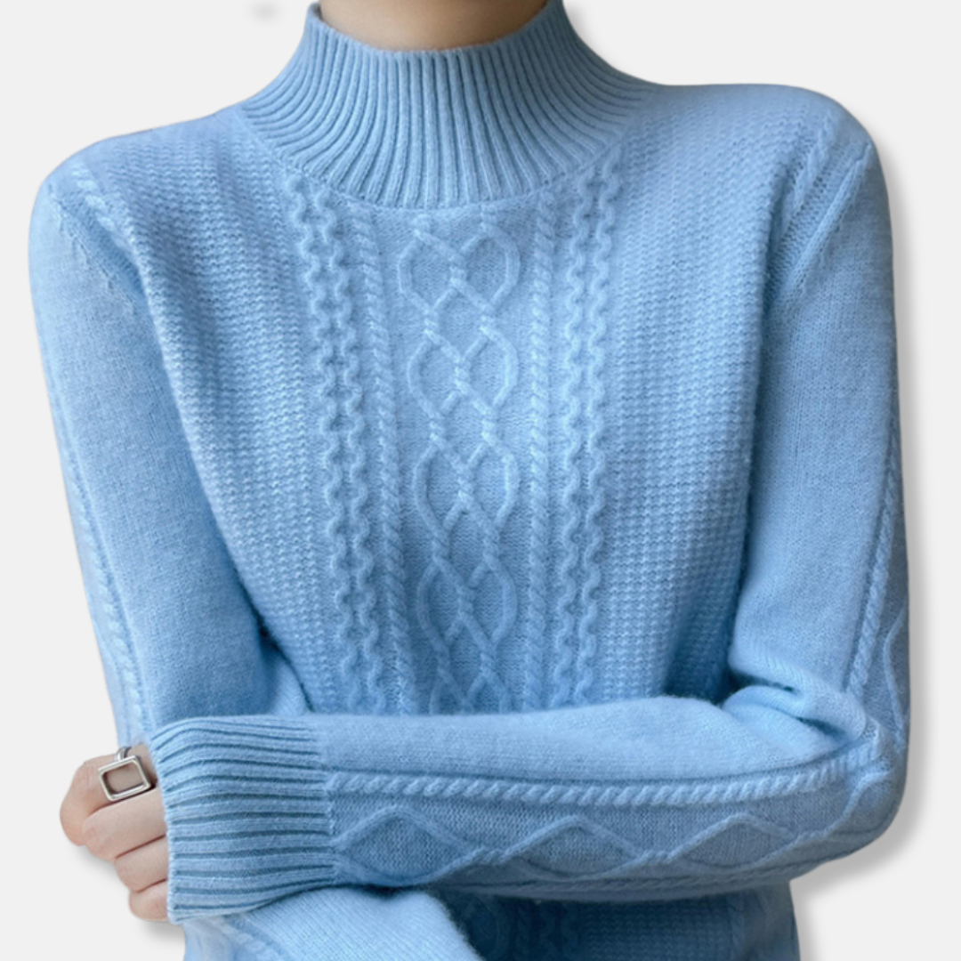 Women's beige relaxed-fit mock neck cable knit sweater with soft-touch texture for everyday style