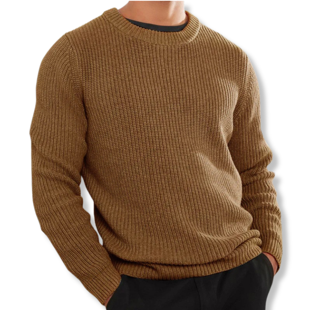 Men's relaxed fit crew neck knit sweater in warm tones, long sleeve casual top for everyday layering