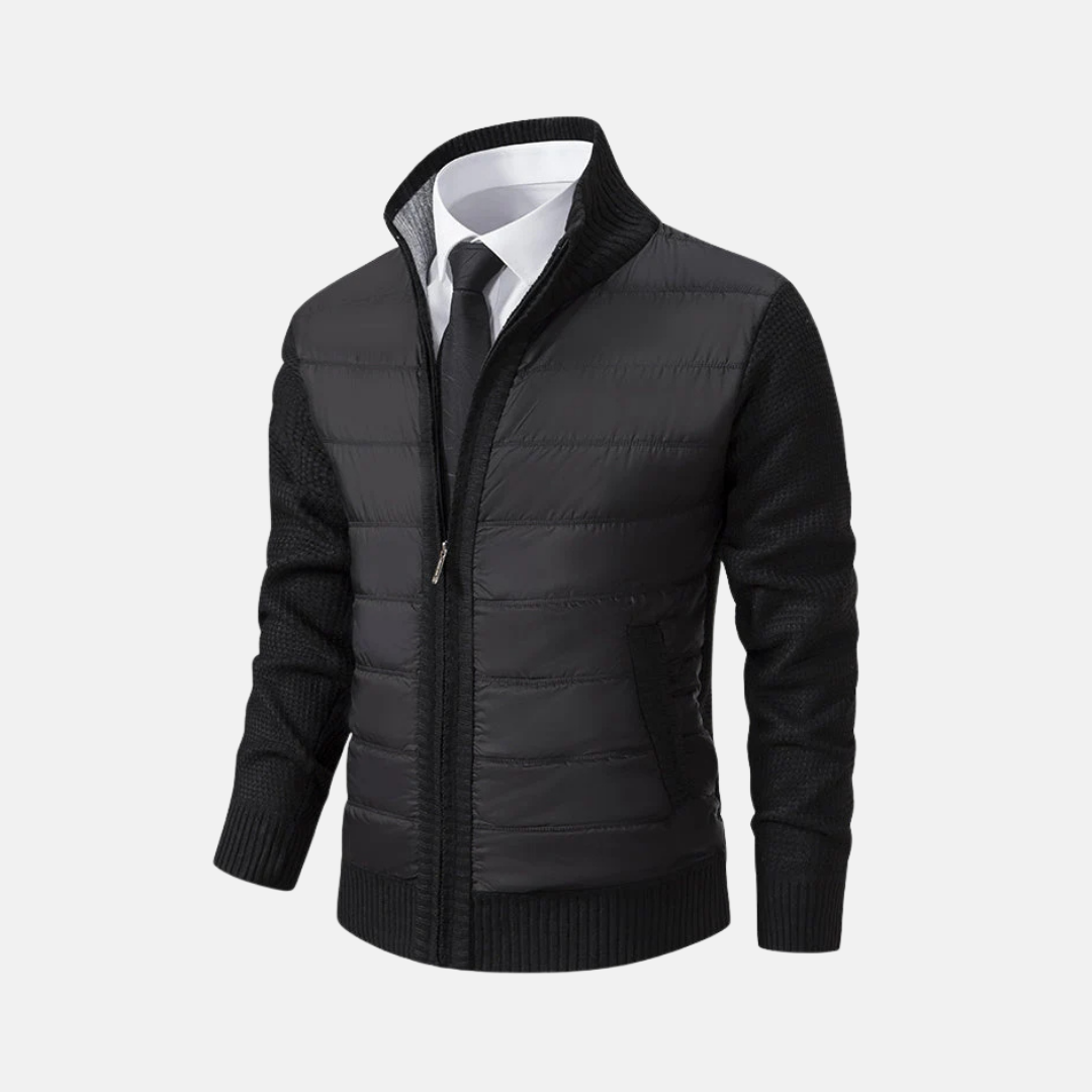 Men's burgundy slim fit jacket with stand collar and contrast knitted sleeves, acrylic blend