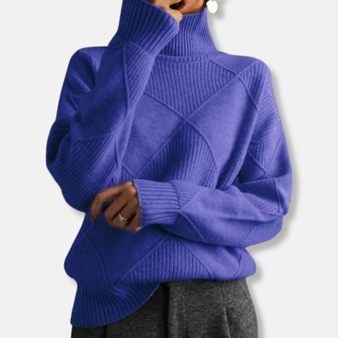 Women's beige relaxed fit turtleneck sweater with elegant ribbed diamond knit texture