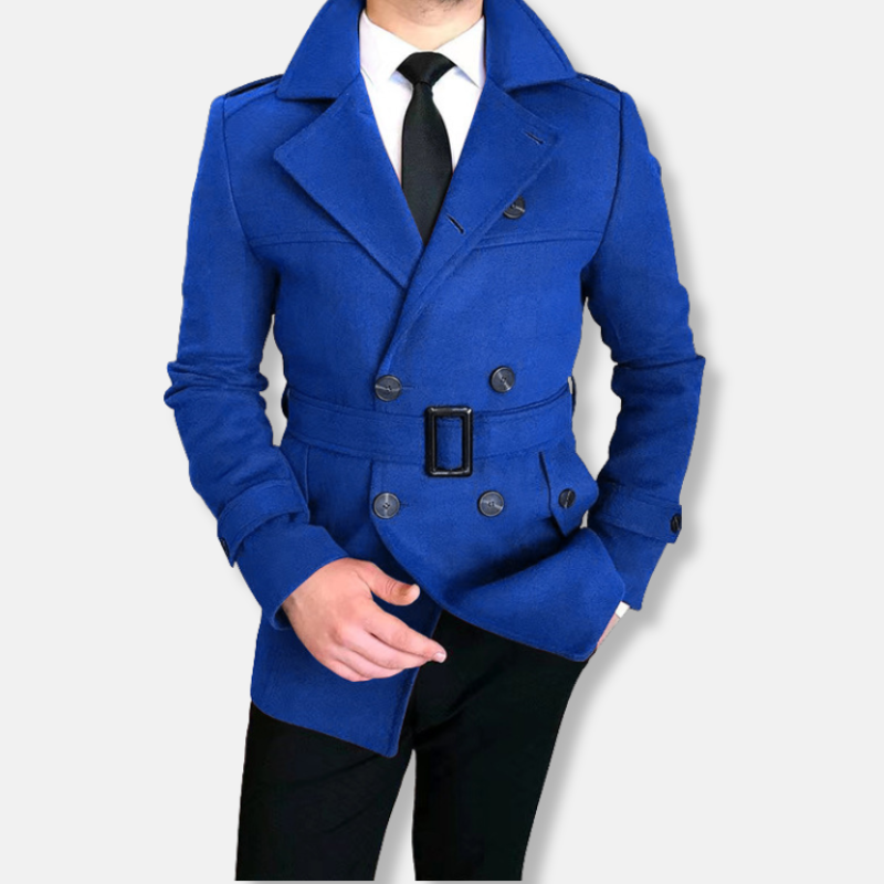 Men's burgundy wool-blend double-breasted jacket tailored fit with belted waist by Wavlynn