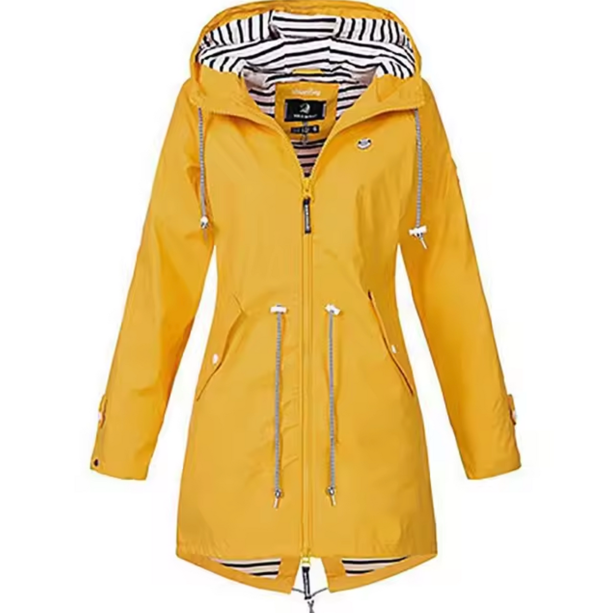 Léa long waterproof raincoat adjustable waist hooded elegant slim-fit silhouette for rainy days