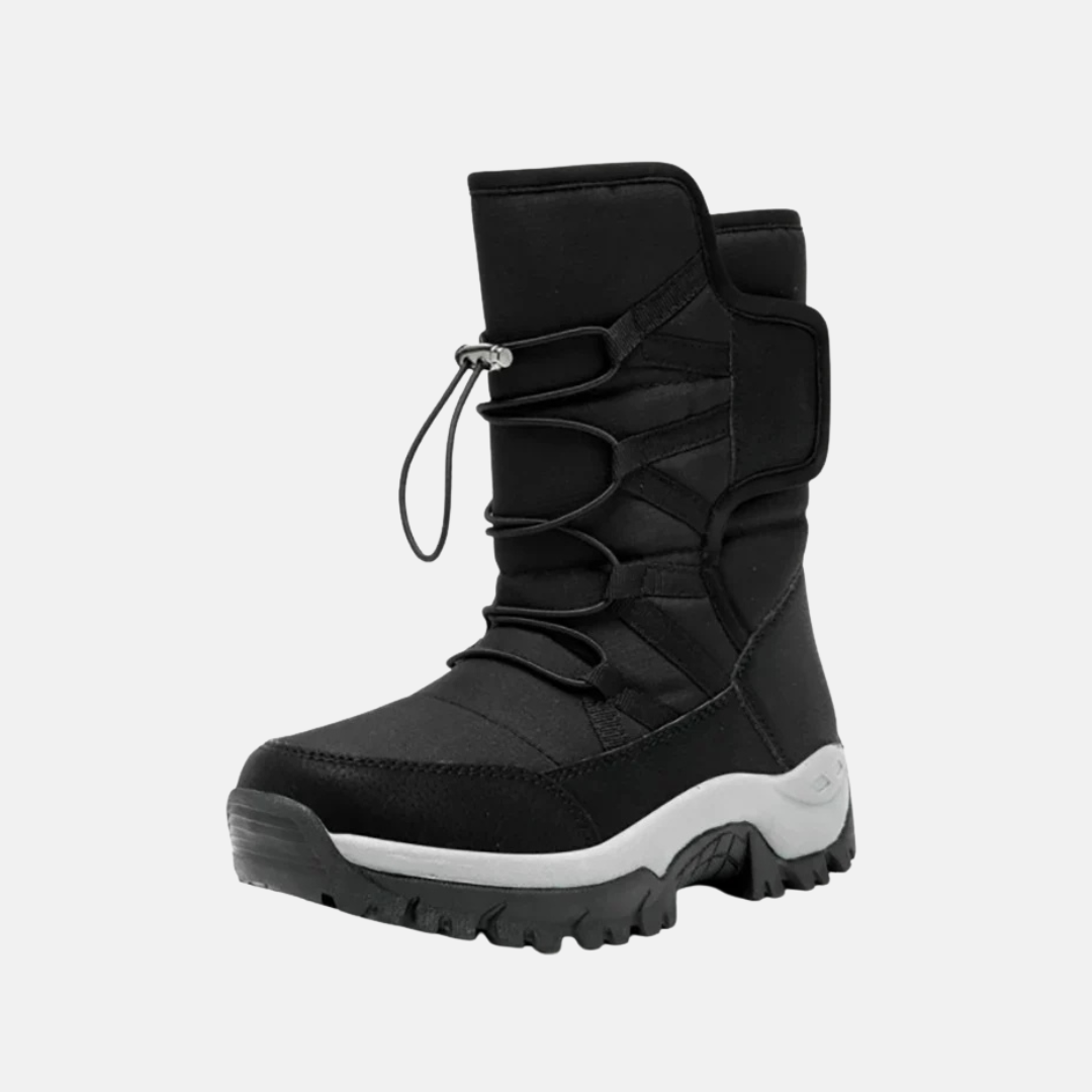 Women's high-top quilted synthetic winter boots with drawstring lace-up and rugged sole for cold weather