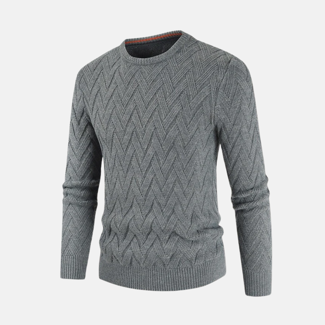 Men's wool crew neck sweater in classic fit with chevron knit texture and ribbed cuffs