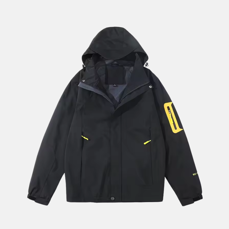 Men's windproof water-resistant outdoor jacket with adjustable hood and zip pockets, lightweight polyester