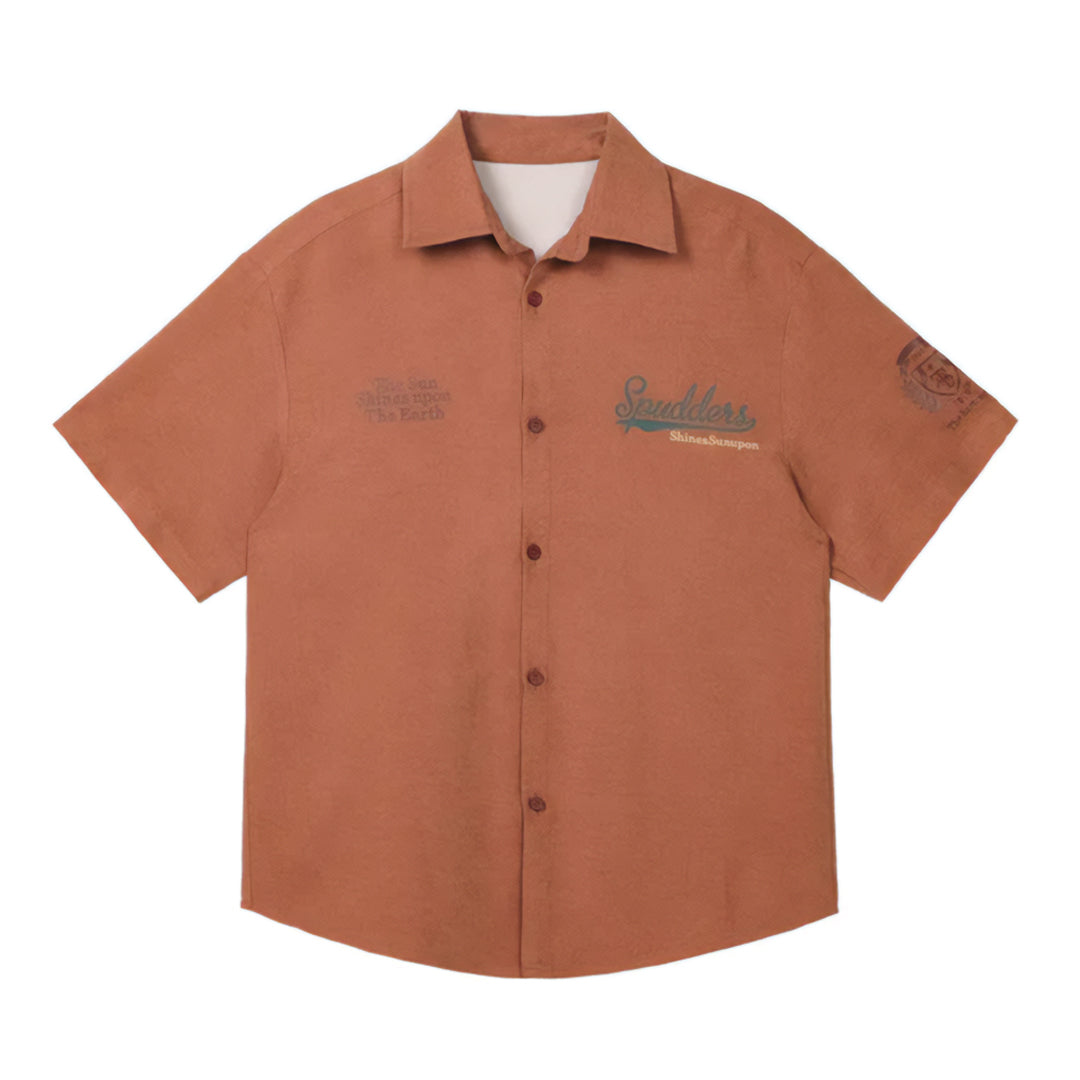 Spudders relaxed-fit camp collar shirt with contrast stitching and retro Americana tonal print