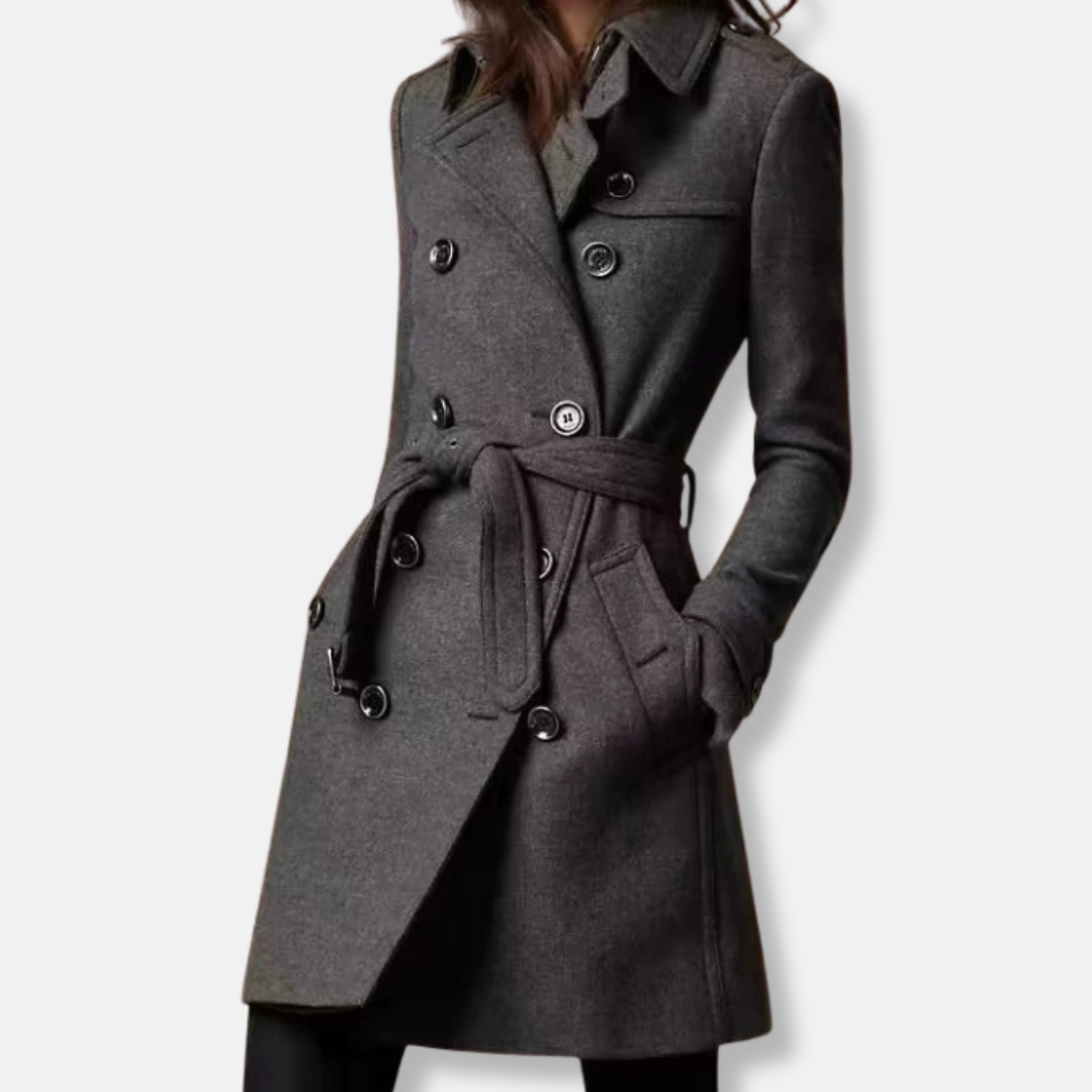 Women's wool blend slim fit belted double breasted mid-thigh coat office to evening versatile warm