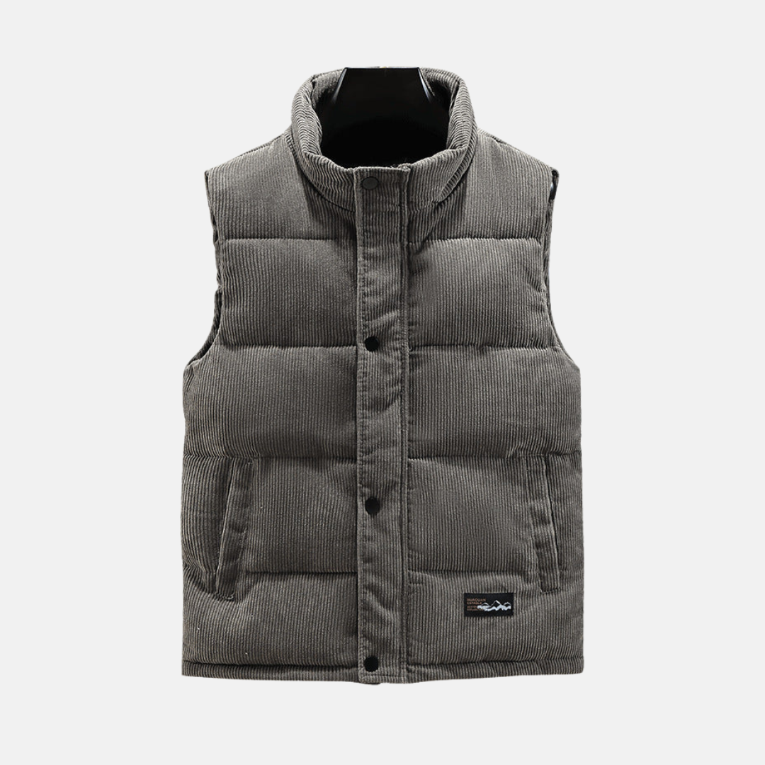 Men's brown corduroy quilted vest high collar snap front casual winter layering lightweight insulation