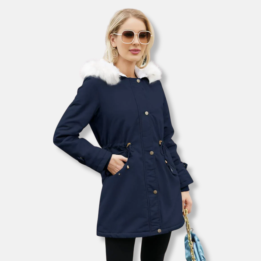 Women's mid-thigh parka coat smooth woven exterior detachable faux fur trim chic winter jacket