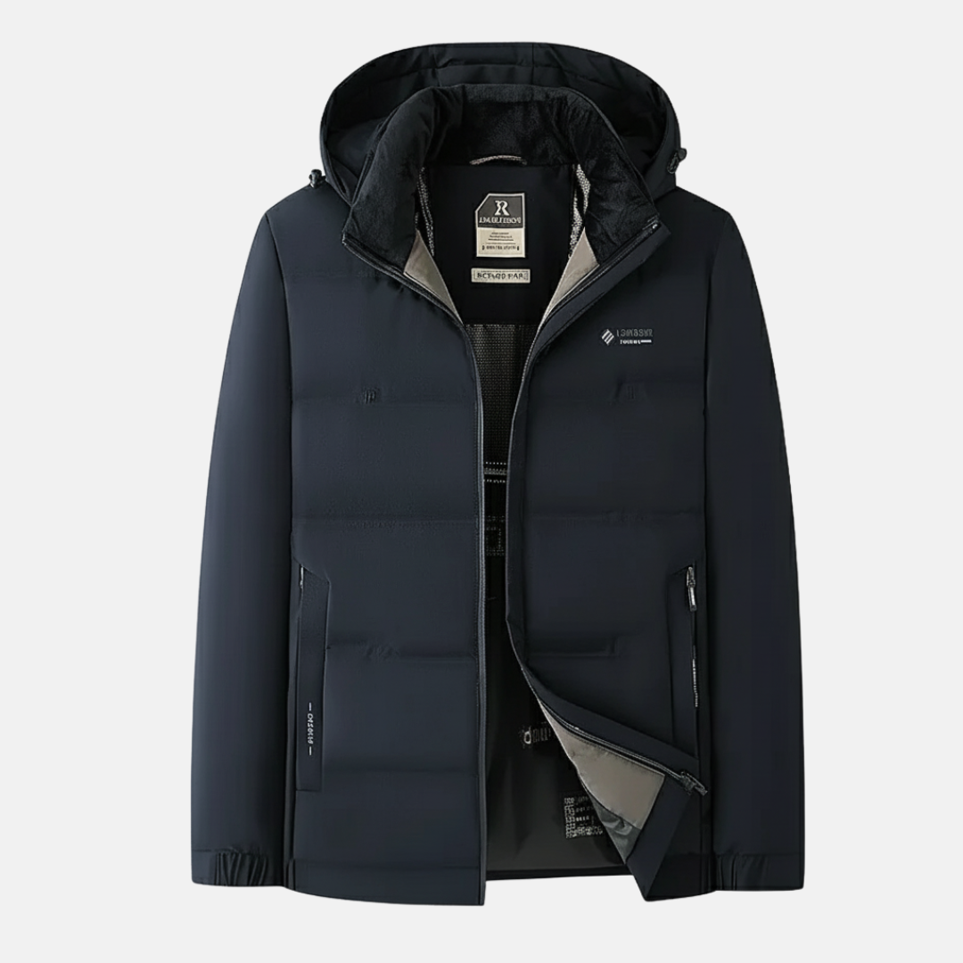 Men's black quilted insulated hooded jacket regular fit with zipper closure water-resistant shell