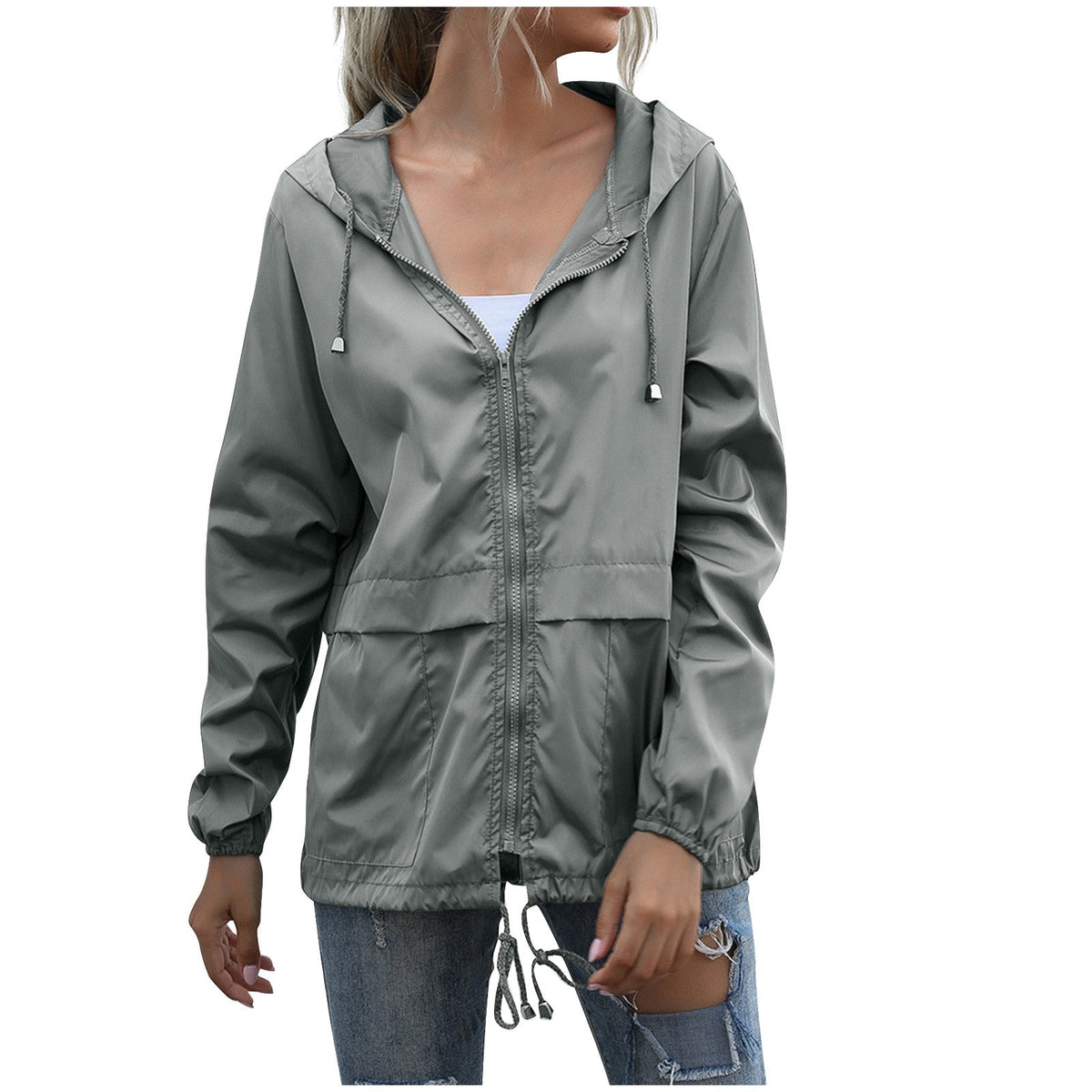 Women's casual hooded windbreaker jacket with adjustable drawstring waist, lightweight zip-up style