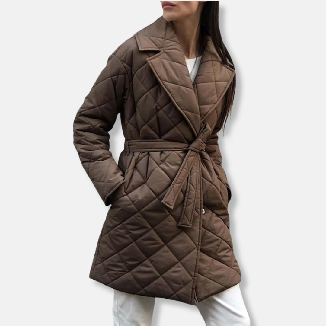 Women's quilted mid-length coat belted waist notched lapel insulated diamond-stitch outerwear