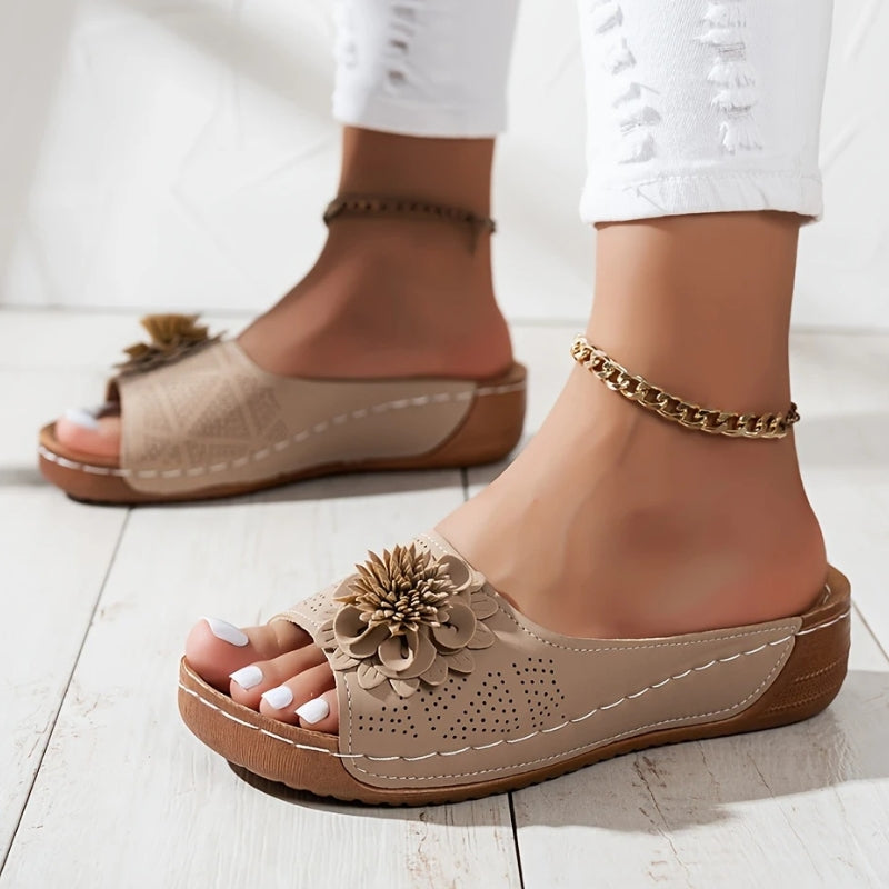 Women's floral slip-on wedge sandals open toe slides with delicate flower appliqué perforated upper