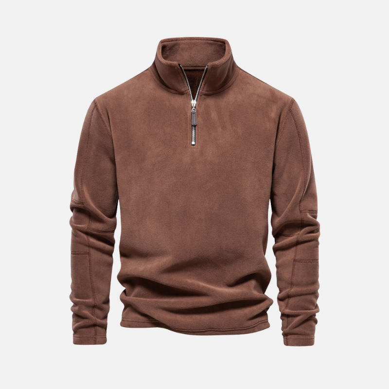 Men's gray fleece sweatshirt stand collar half-zip closure elevated casual contemporary fit