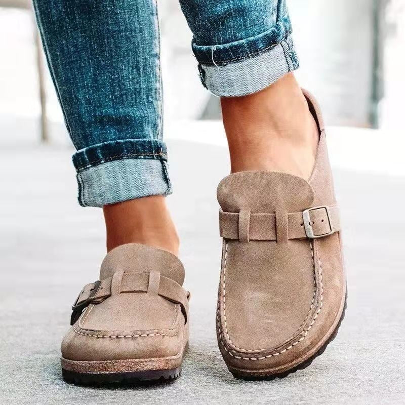 Lorvine comfort slip-on shoes in soft suede with thick molded platform sole and adjustable buckle strap