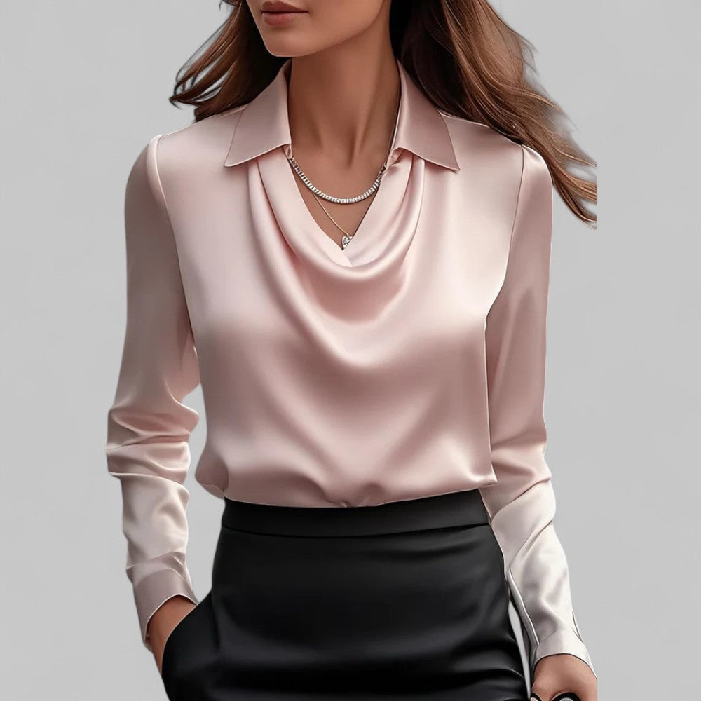 Women's satin blouse draped neckline long sleeve silky top elegant professional wear