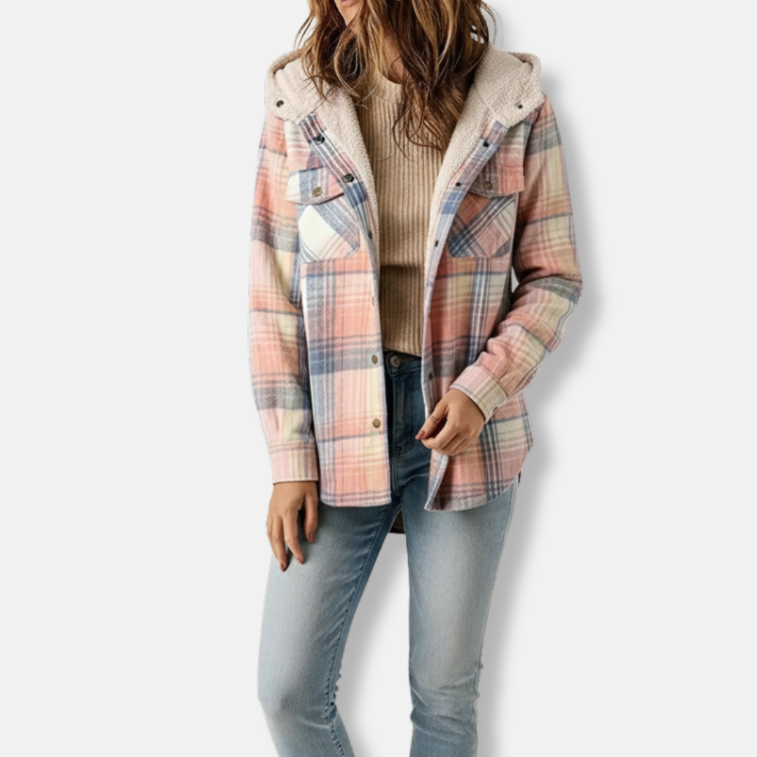 Women's plaid hooded shacket, cotton blend, oversized relaxed fit with sherpa-lined interior