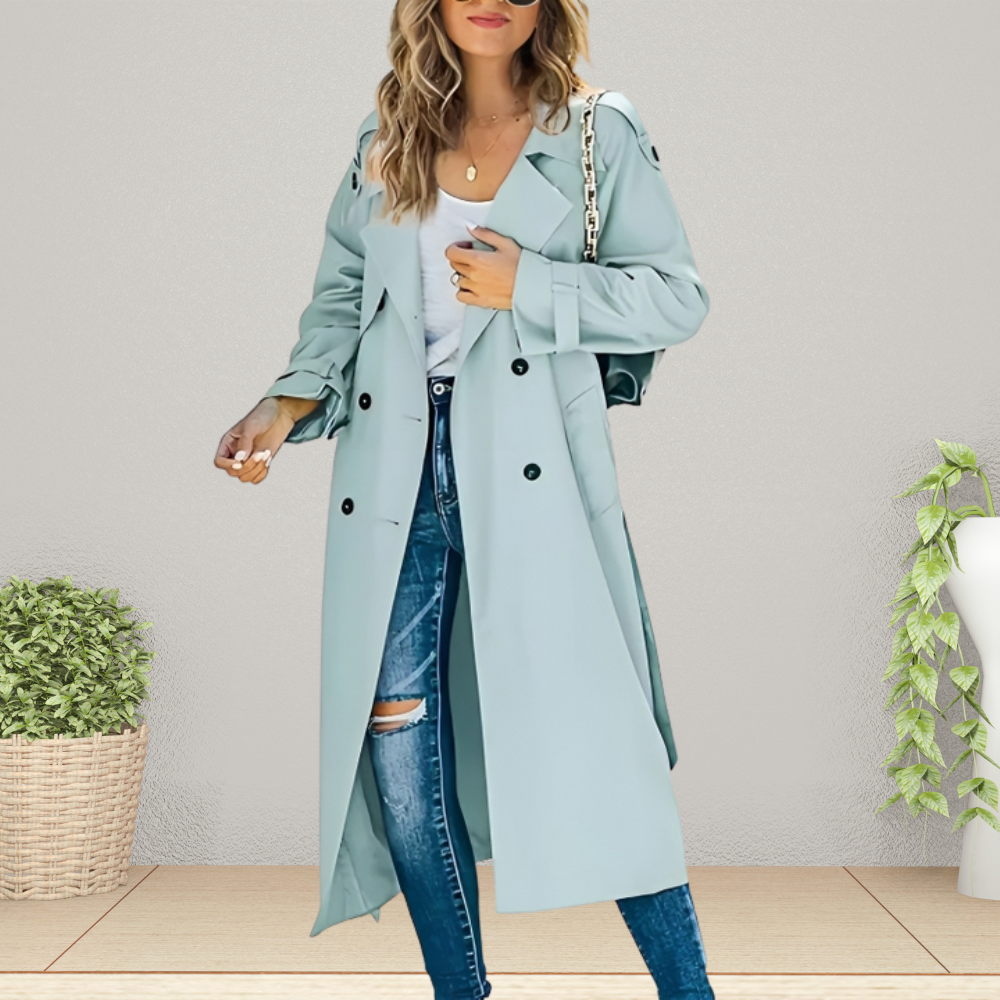 Women's beige double-breasted longline trench coat with symmetrical buttons, classic tailored silhouette