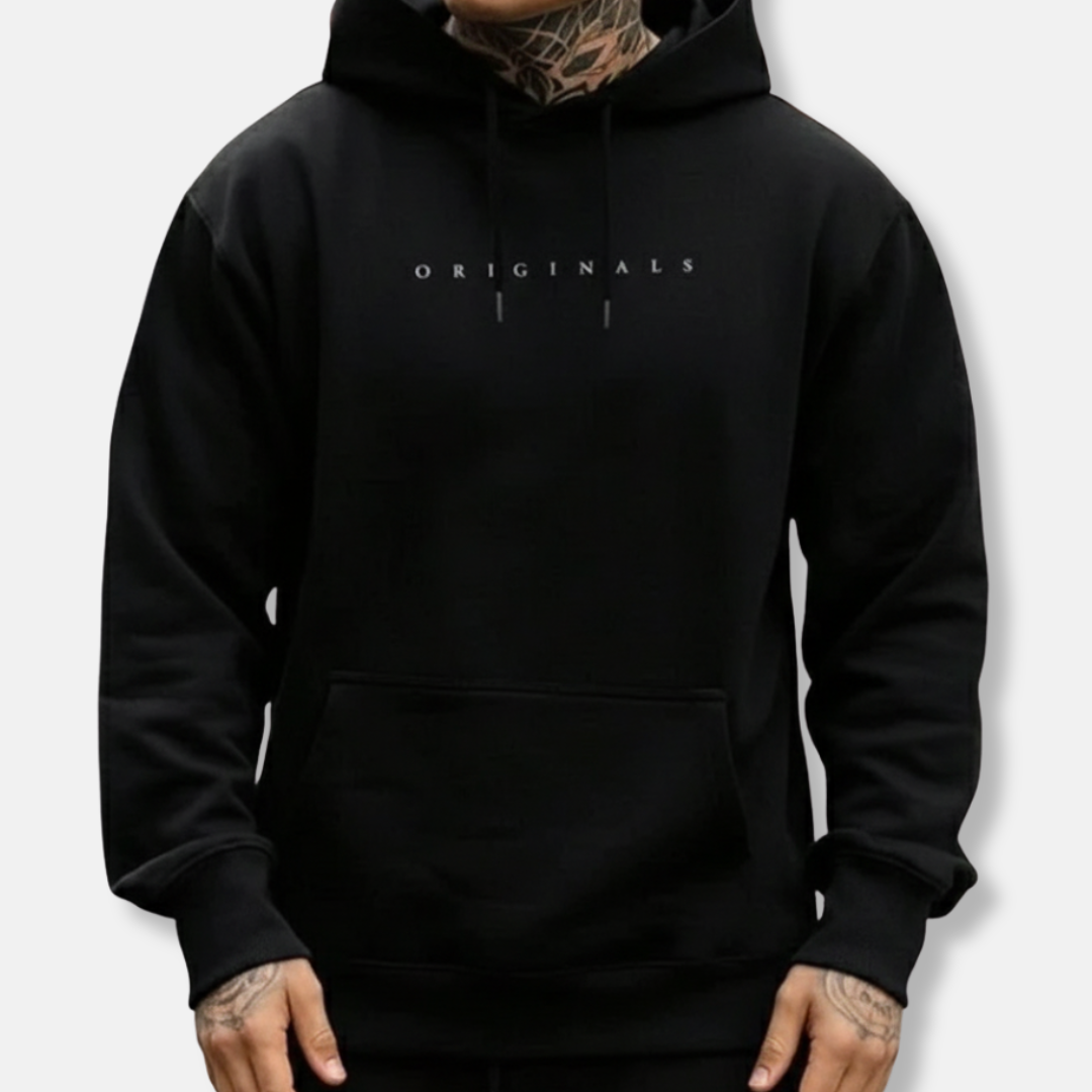 Men's classic fit cotton hoodie with minimalist "Originals" chest logo, relaxed dropped-shoulder silhouette