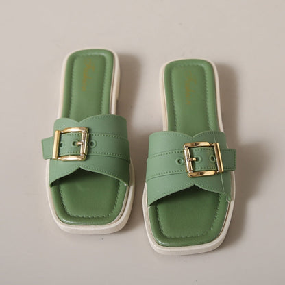 Beige comfort sandals with sculptural square toe, curved strap, and gold-finish hardware for all-day comfort
