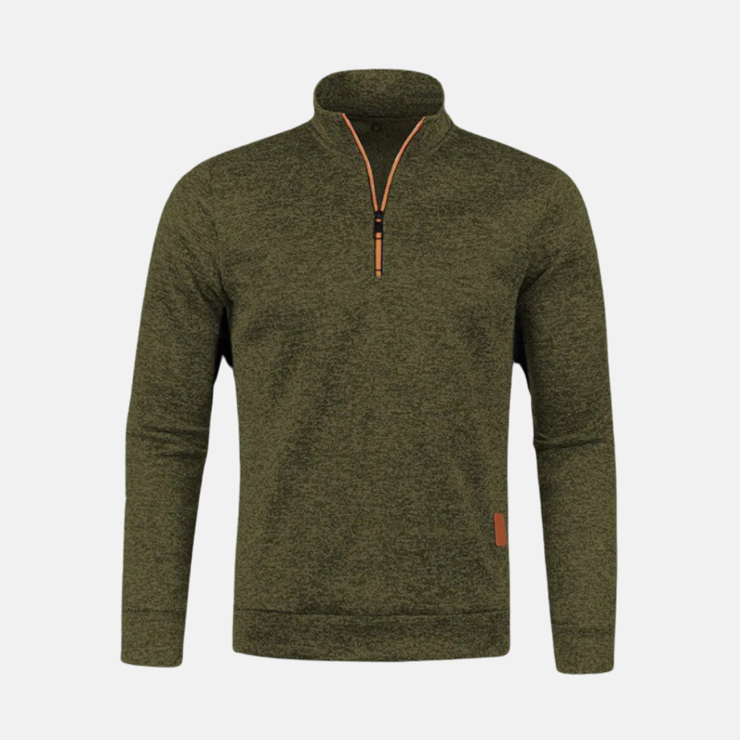 Men's black micro textured knit quarter zip sweatshirt with stand-up collar and regular fit