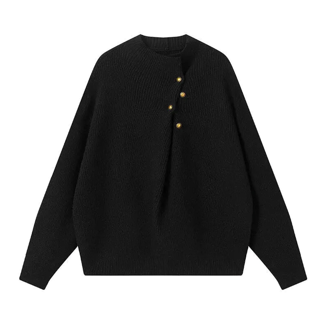 Cachette loose-fit knitted sweater with round neck and offset button line in neutral tones