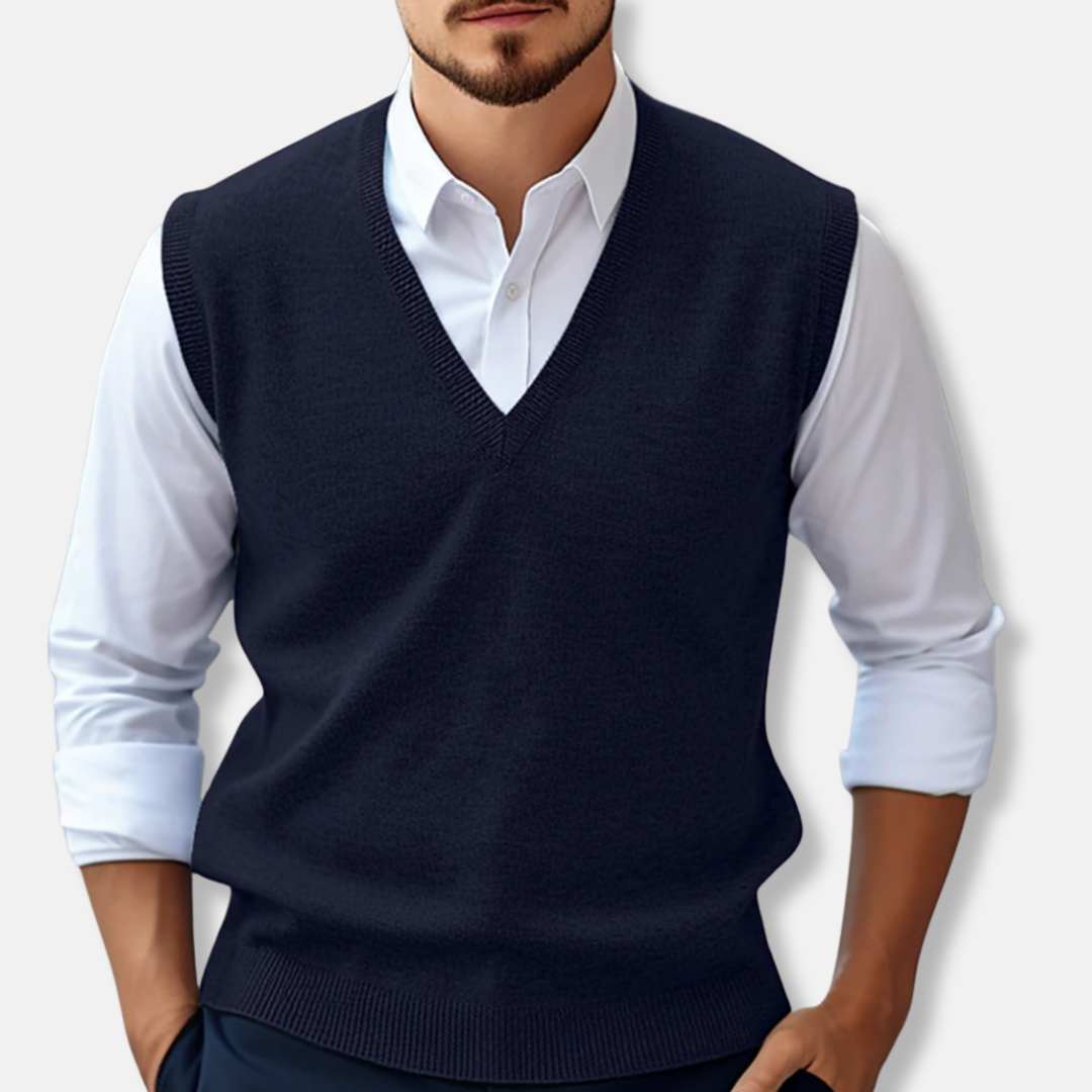 Men's ribbed cotton knit sweater vest, V-neck sleeveless regular fit layering piece