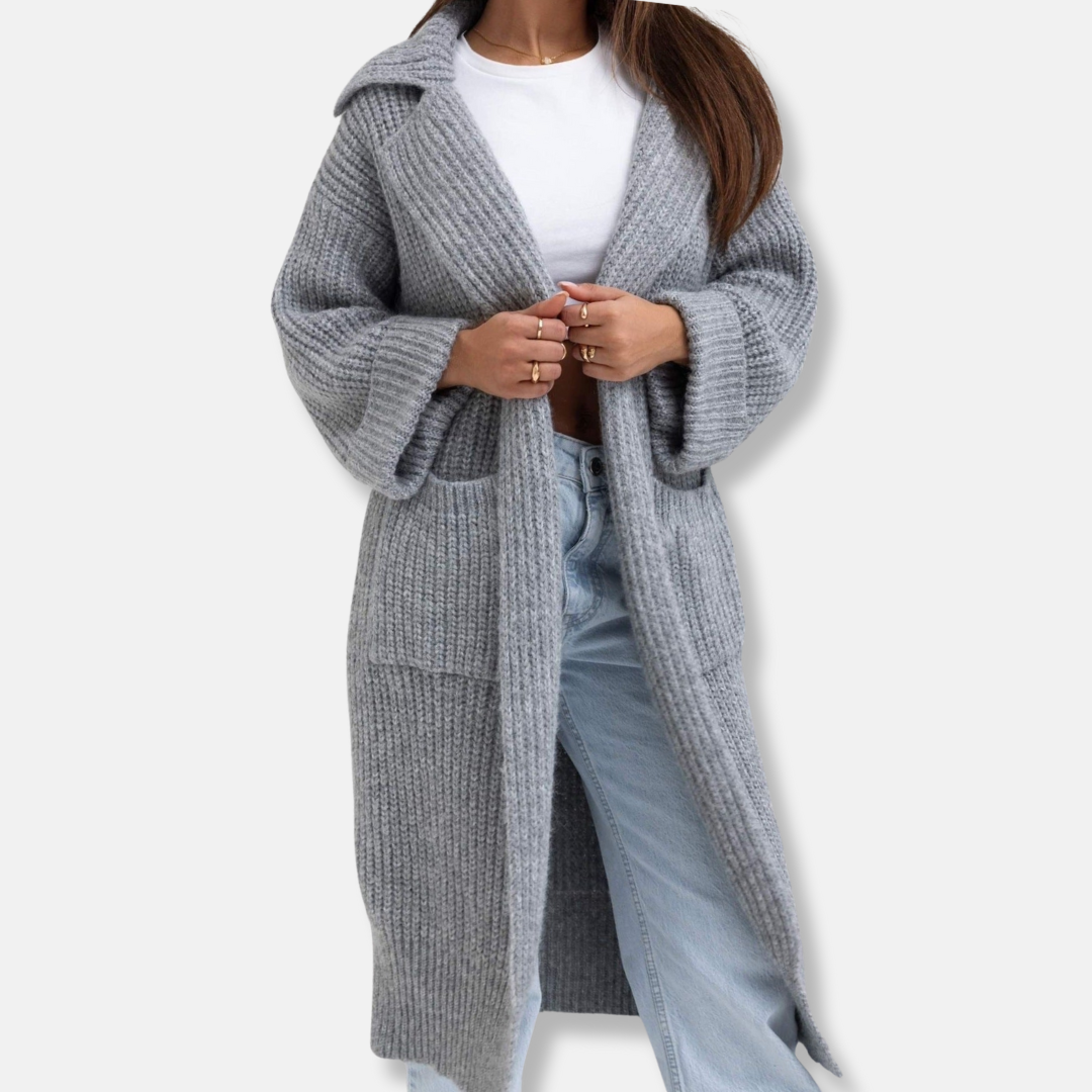 Women's wool blend oversized hooded knit coat in neutral tone with ribbed texture long silhouette