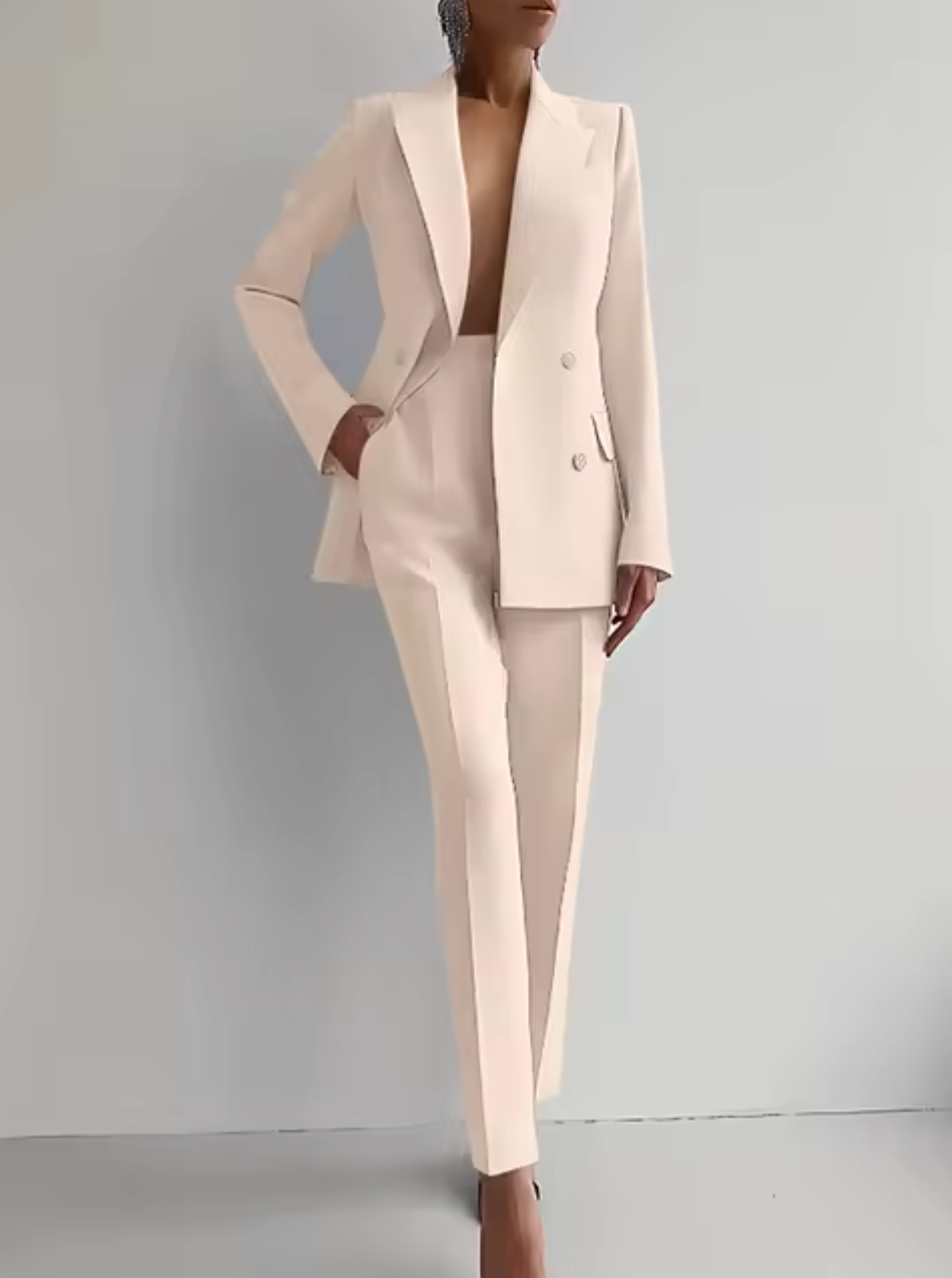 Women tailored double-breasted blazer high-waisted trousers suit professional wool-viscose blend