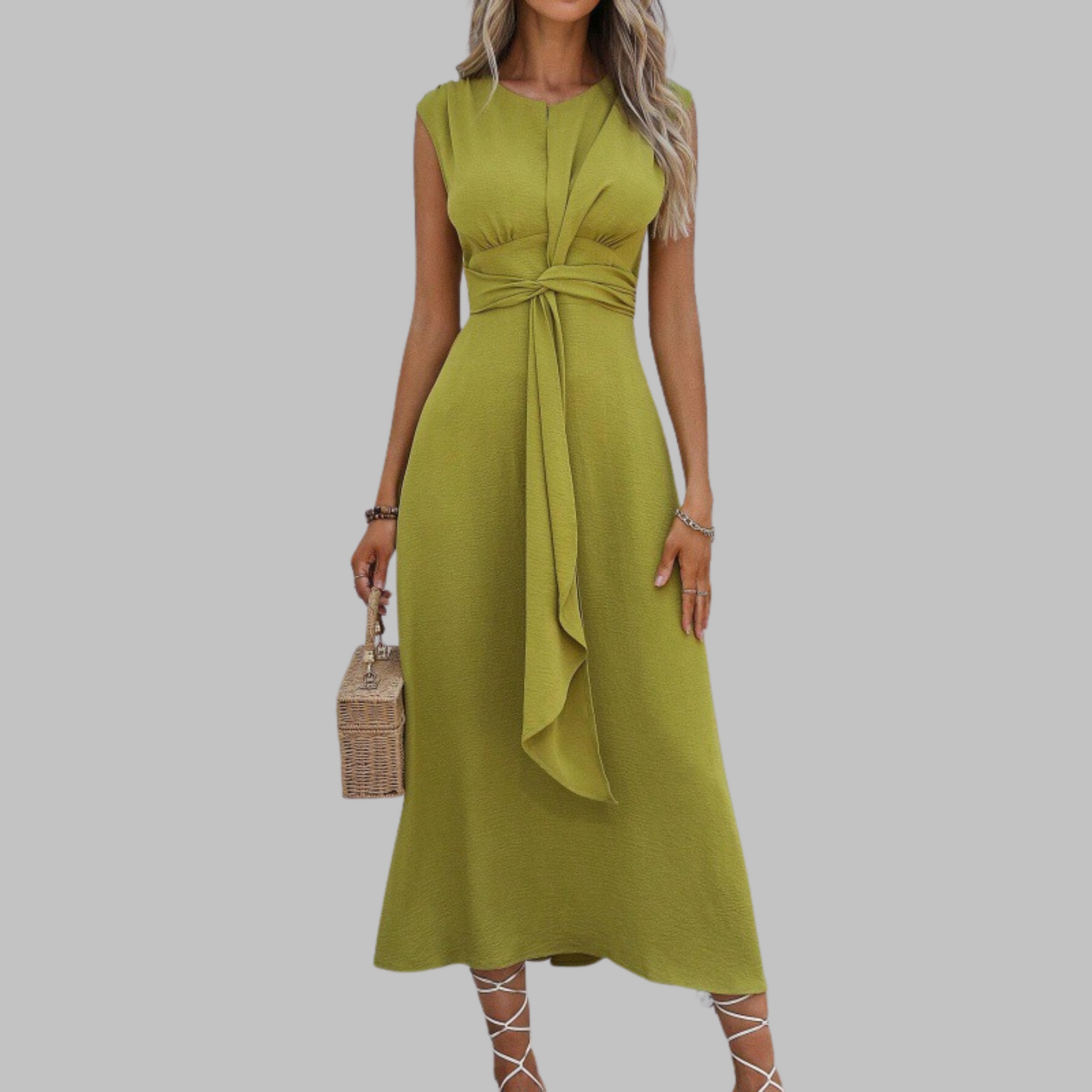 Elegant sleeveless maxi dress round neck graceful flowing silhouette timeless sophisticated style