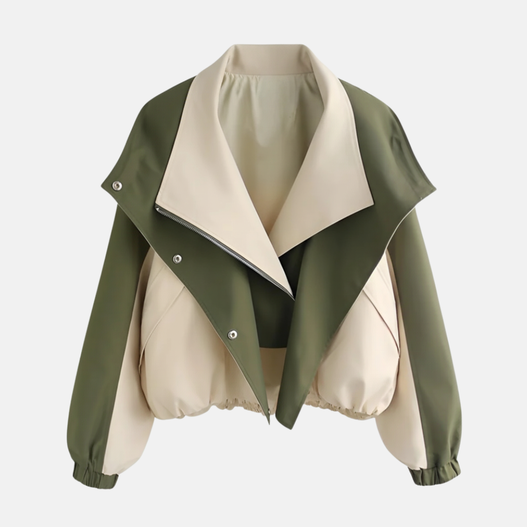 Women's oversized two-tone short blouson jacket with flattering paneled design for spring layering