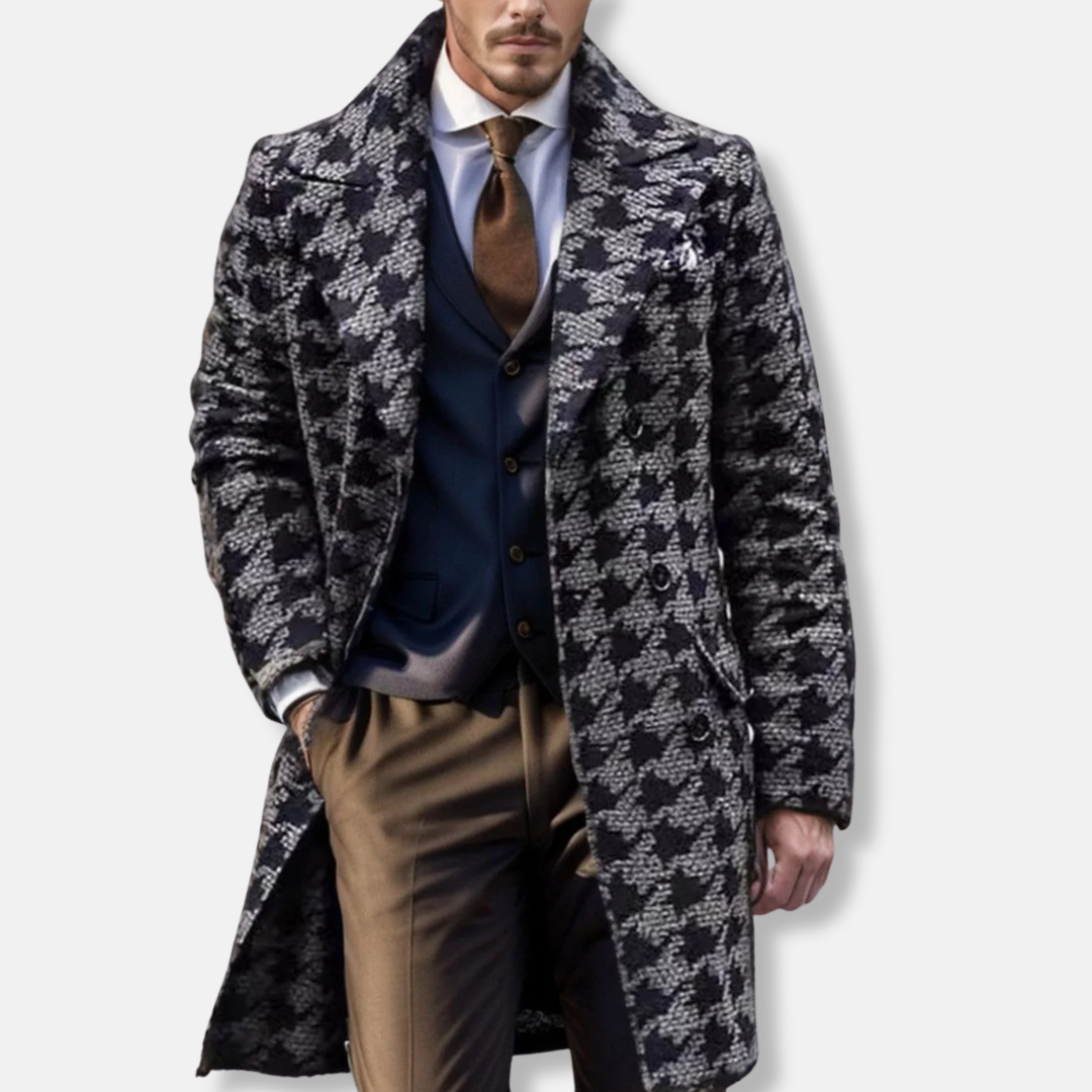 Men's wool blend trench coat geometric pattern tailored fit notch lapel modern professional style