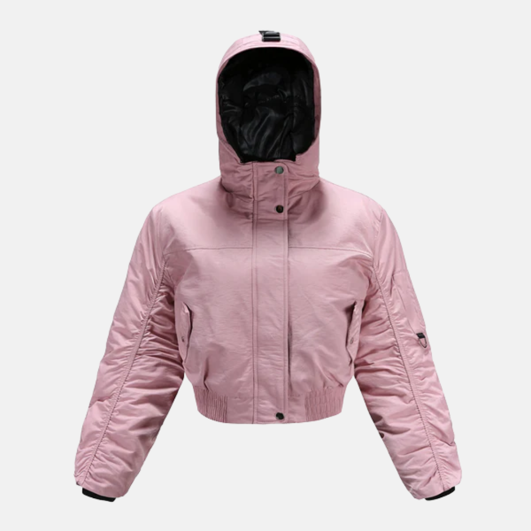 Women's cropped padded coat with hood and ribbed cuffs, modern puffer jacket with sleeve pocket