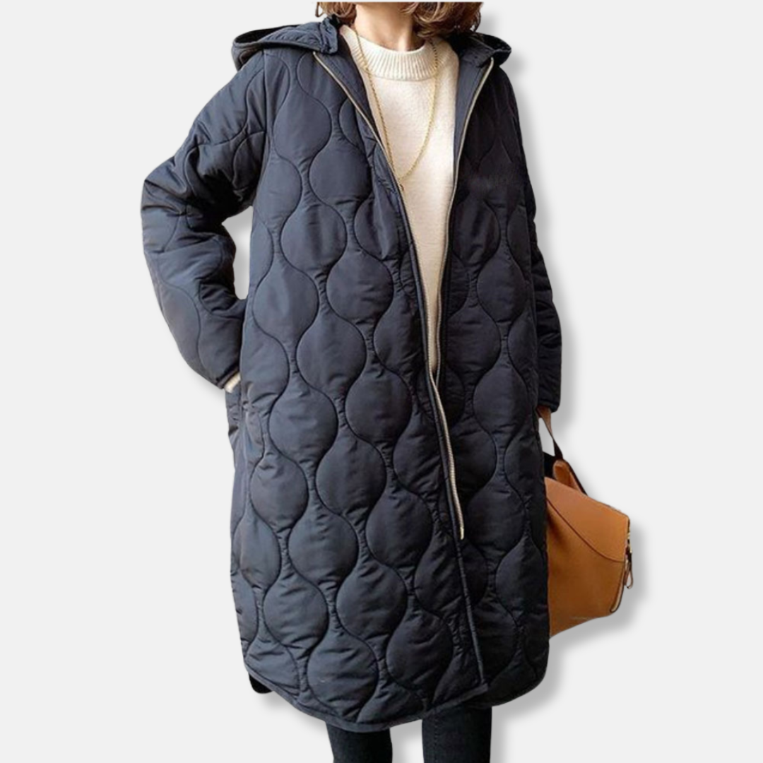 Women's oversized quilted hooded jacket long length zip closure cozy fall winter outerwear