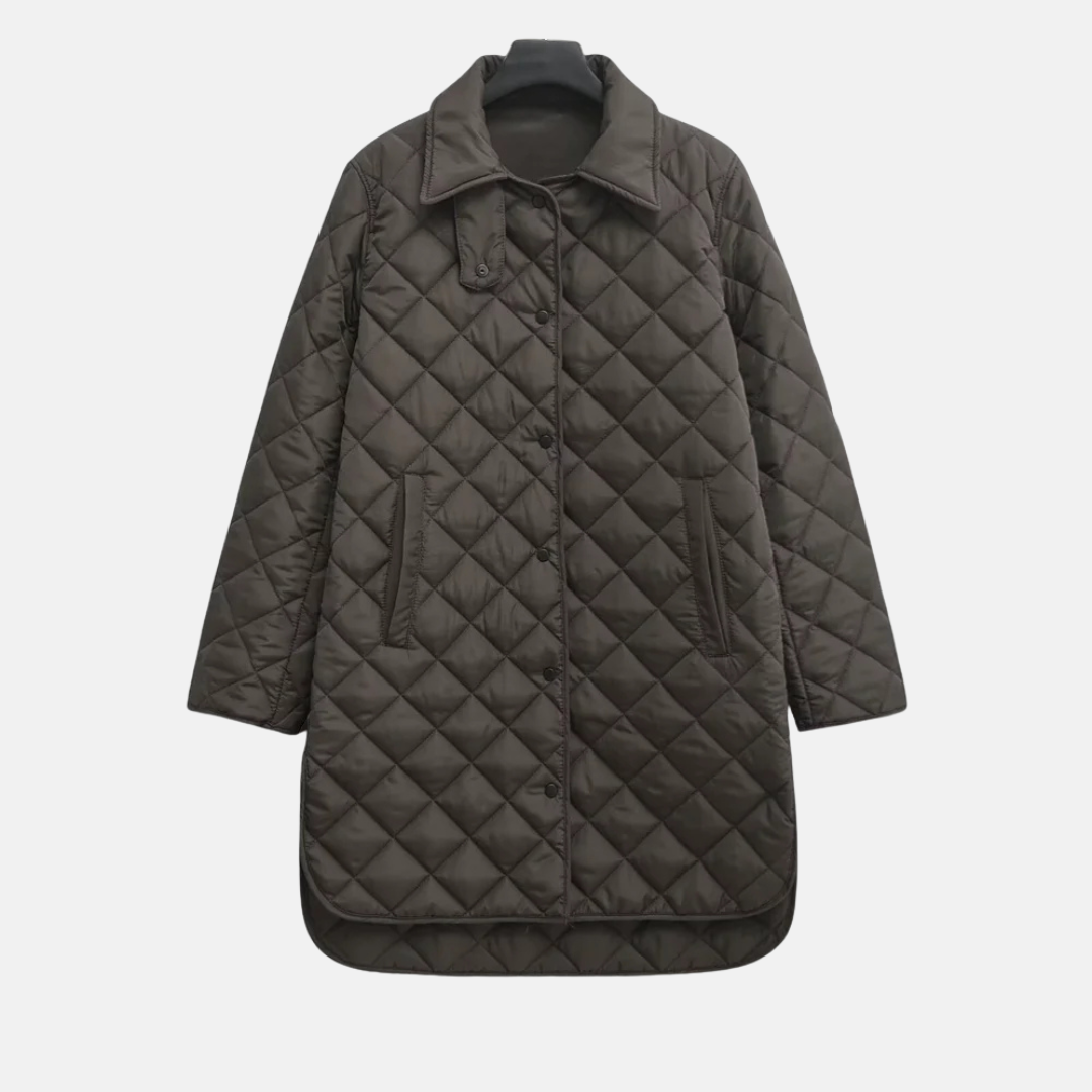 Women's mid-length quilted jacket with diamond pattern stitching, polished everyday style