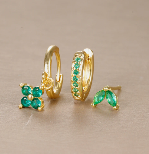 Hazel mixed stud hoop earring set with green synthetic stone detail for women and teens