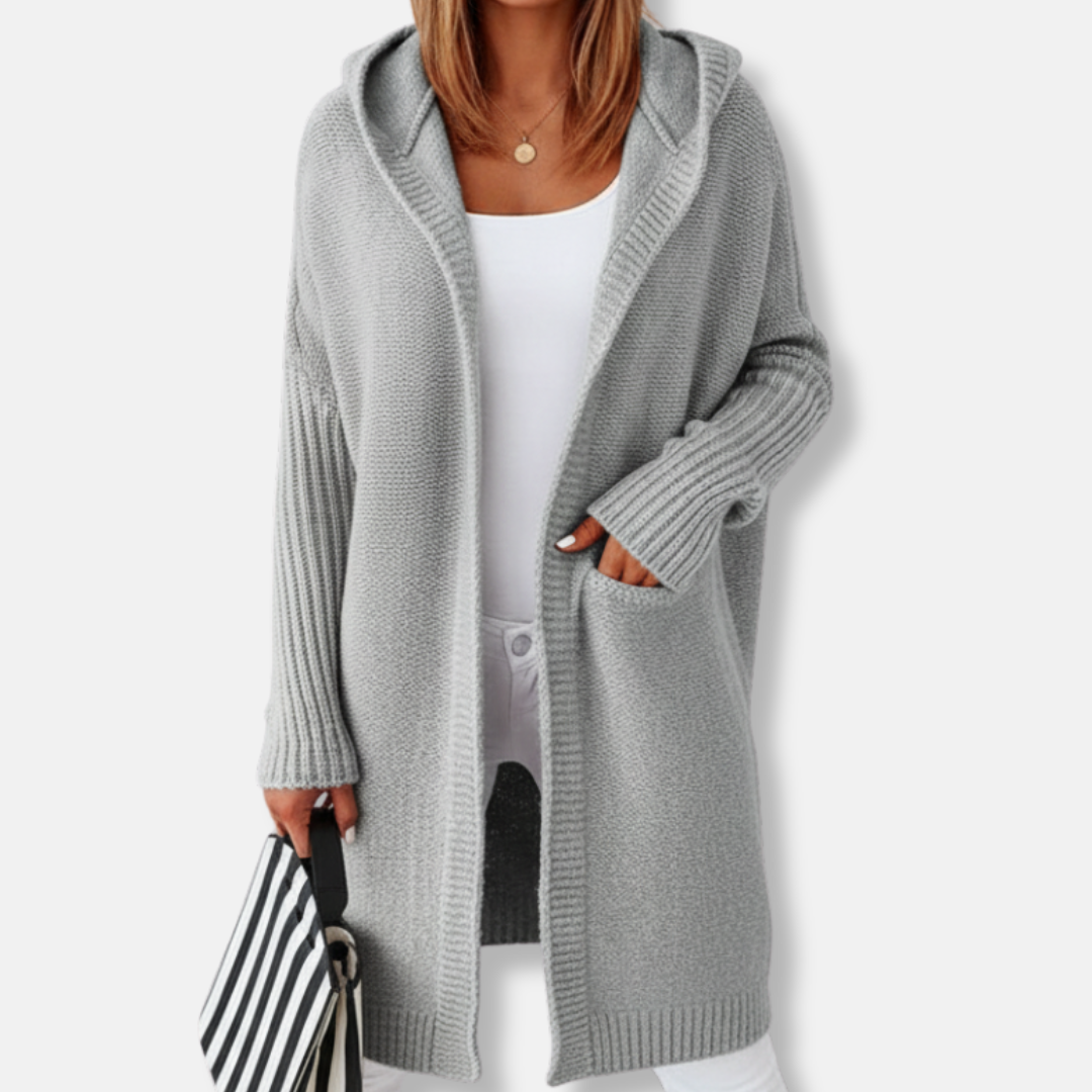 Women's oversized hooded cardigan, knee-length knit wool blend in relaxed fit with cozy drape