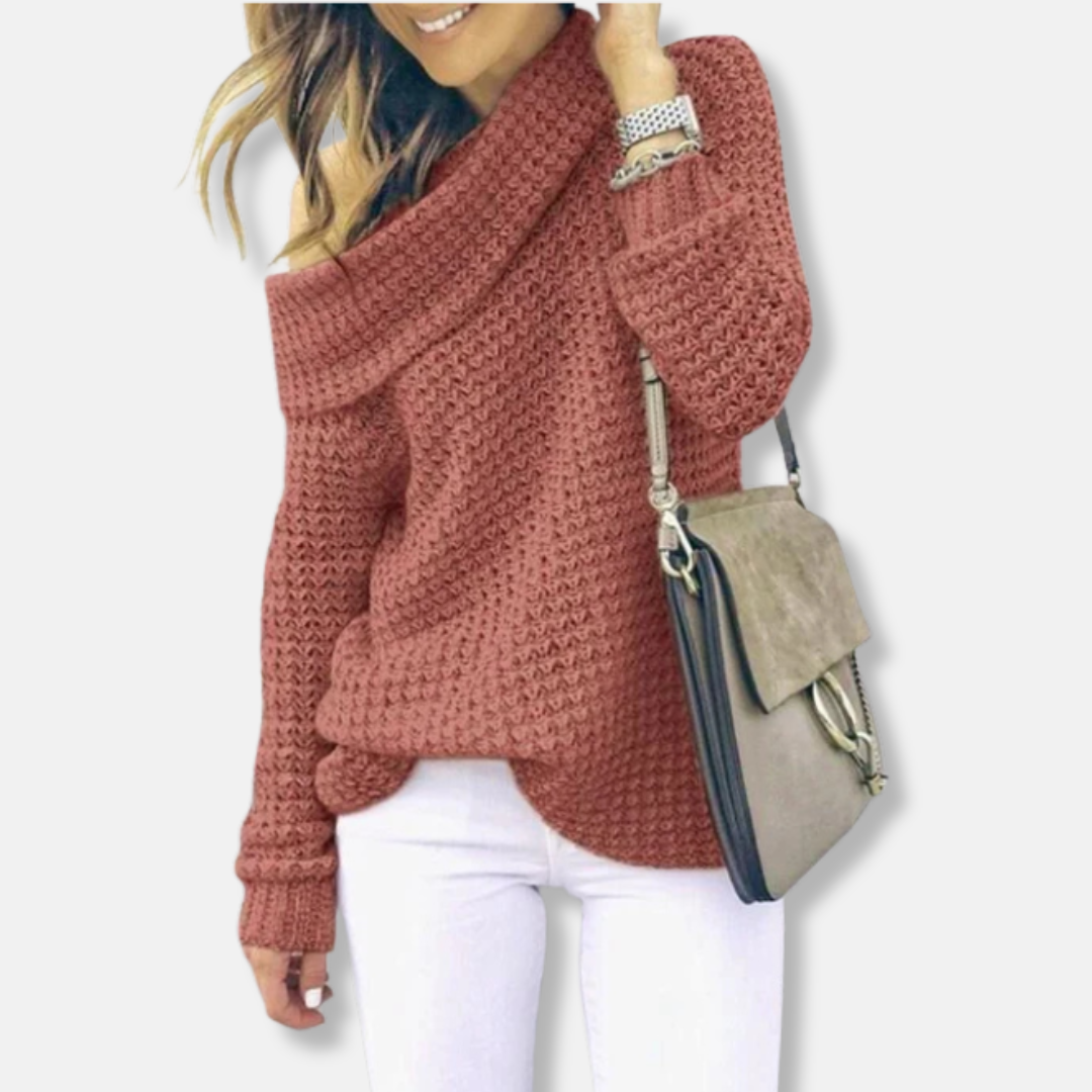 Women's oversized knit sweater with off-shoulder draped neckline, effortless elegant silhouette