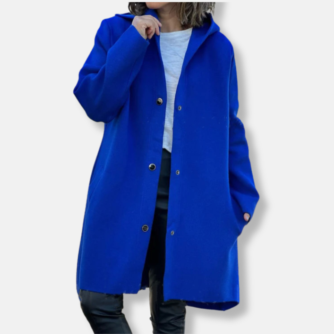 Women's wool hooded coat with snap button closure, A-line silhouette, mid-thigh length