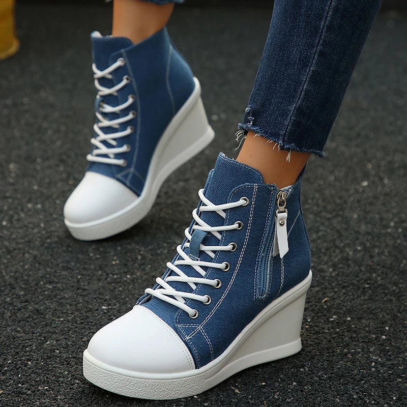 Women's ankle-high lace-up wedge sneakers in neutral tones with built-in heel elevation