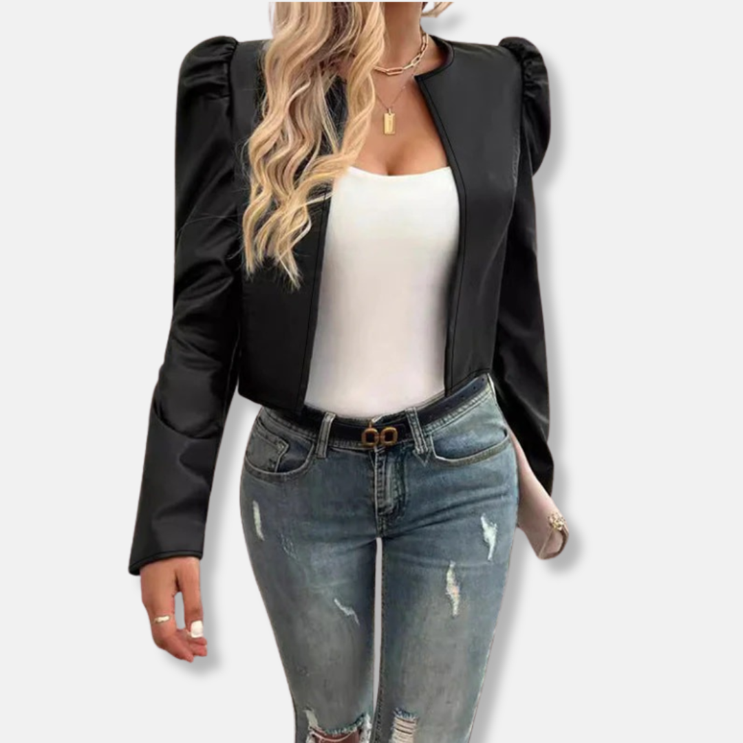 Women's black faux leather cropped jacket collarless open front with voluminous puff sleeves
