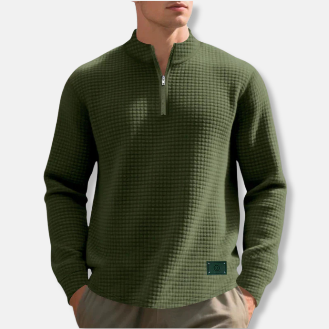 Men's waffle knit mock neck quarter zip sweater regular fit cold weather layering piece