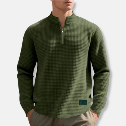 Men's waffle knit mock neck quarter zip sweater regular fit cold weather layering piece