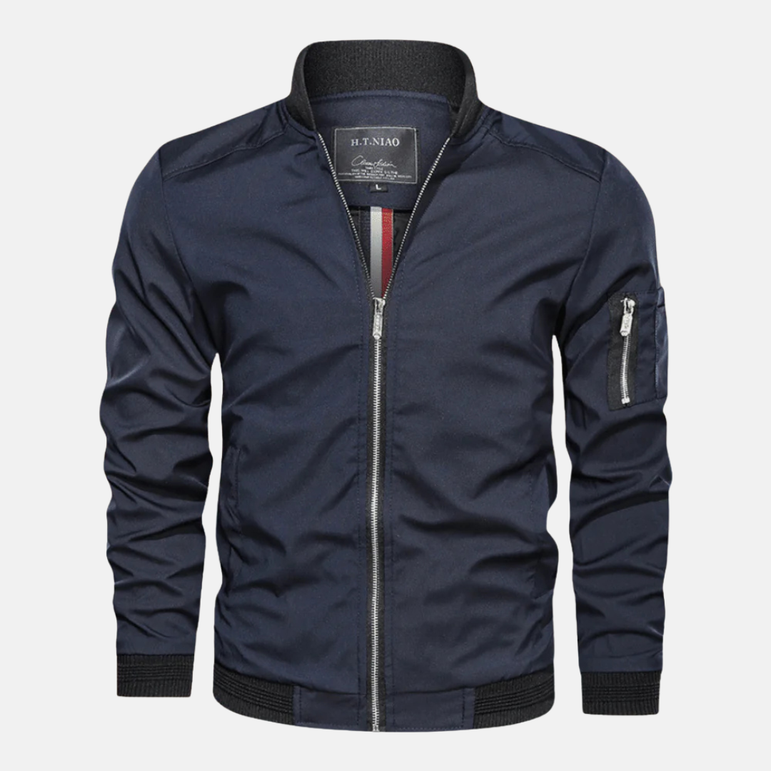 Men's wind-resistant bomber jacket regular fit in neutral tones with durable woven fabric by Wavlynn