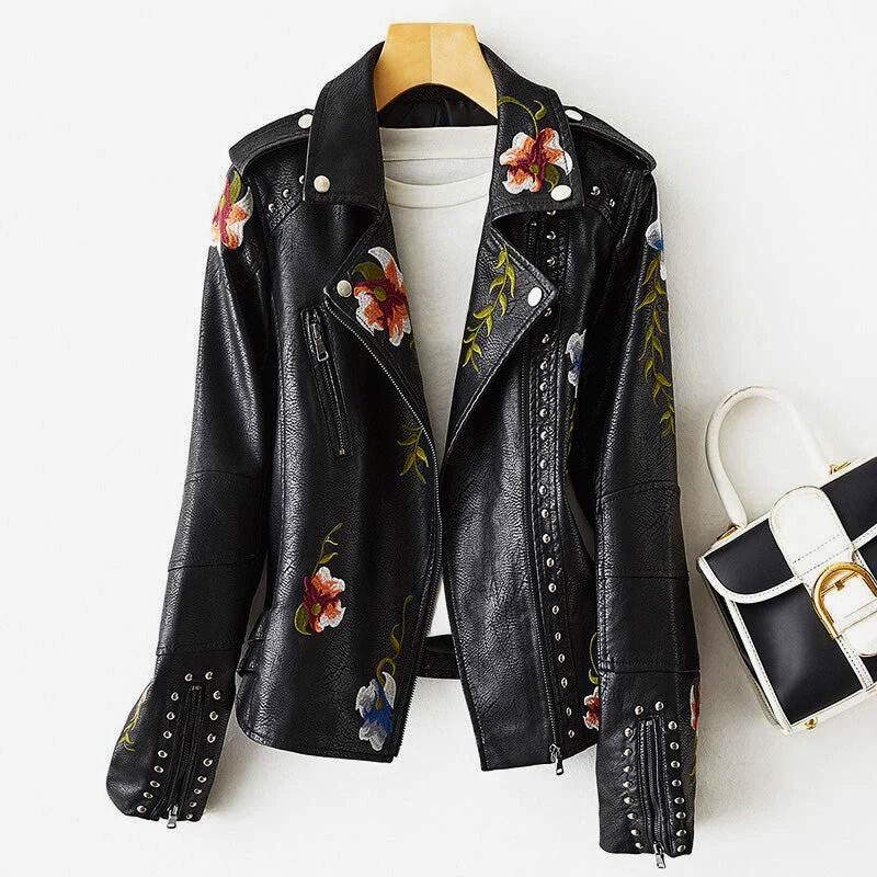 Black premium leather jacket with floral embroidery and silver-tone studs, edgy biker style