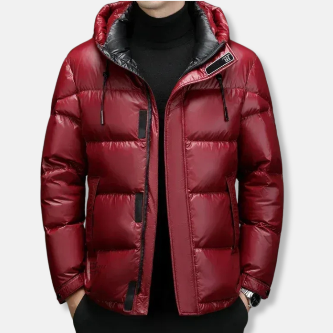 Men's hooded regular fit down jacket water-resistant woven fabric with zipper and button closure