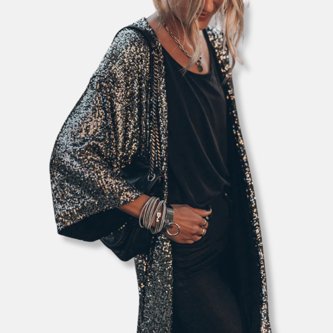 Women's silver sequin duster cardigan loose fit open front three-quarter sleeve sparkle knit